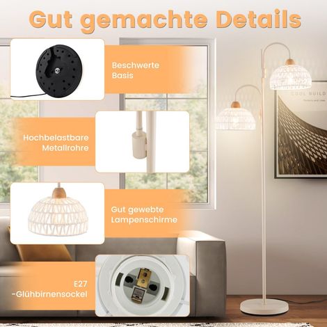 Lampadaire blanc 2 lumières avec abat-jours tressés orientables à 350 , interrupteur au pied et douilles E27 pour salon et bureau (1/5)