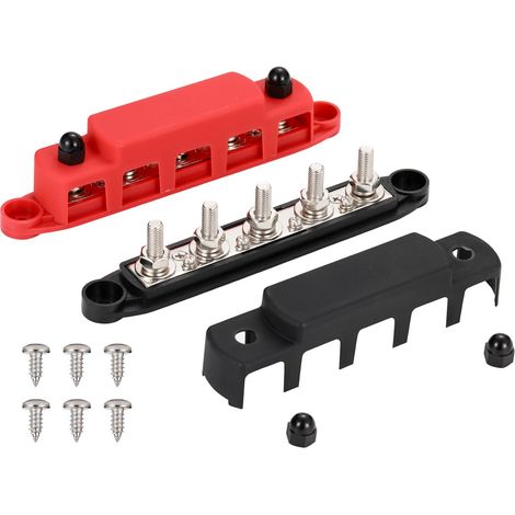 1 Paire Bloc de distribution d'alimentation M8 (5/16 ") à 5 goujons,barre de bus robuste à 5 voies 12-48 V,positif et négatif (1/4)