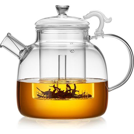 Théière verre borosilicate 1900 ml, infuseur amovible, couvercle, pour thé en vrac/fleurs/tisane, élégante.
