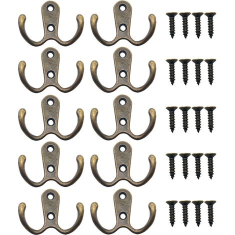 10 Pièces Crochet a Vis Double Métal Crochets et Patères Rangement pour la Maison étagères Tiroirs Casiers Bain(Bronze)