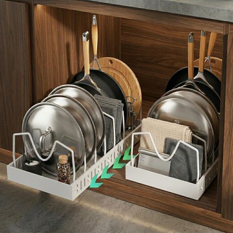 Rangement Poele et Casserole pour Tiroir Cuisine, Organiseur de Poêle avec 8 Compartiments Réglables, Porte-casseroles Support Coulissant, Range Couvercle (2 Pièce，Blanc) (1/5)
