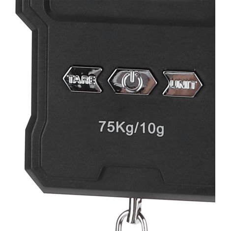 Tragbare digitale Waage mit Digitalanzeige, Aufhängehaken und Maßband (Kapazität: 75 kg). (1/5)