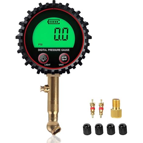 Manomètre numérique de pneu avec grand écran, adaptateurs de valve, jauge de pression portable pour voiture, moto et vélo (1/5)