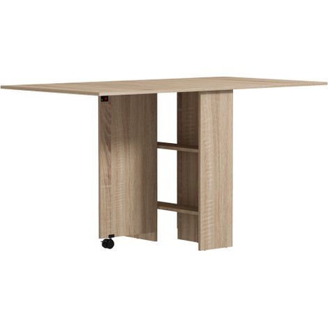 Compact Folding Dining Table with Drop Leaf Design,2-Tier Shelves,Rolling Casters for Small Spaces,Ideal Small Kitchen Furniture in Natural Finish