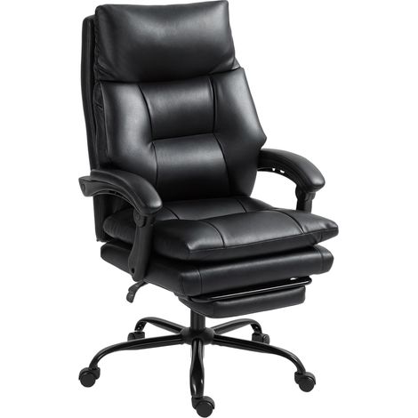 Sedia da ufficio ergonomica in stile regista con seduta ampia e poggiapiedi, in similpelle, reclinabile fino a 135°, supporto lombare, schienale alto, altezza regolabile, ruote piroettanti, nera.