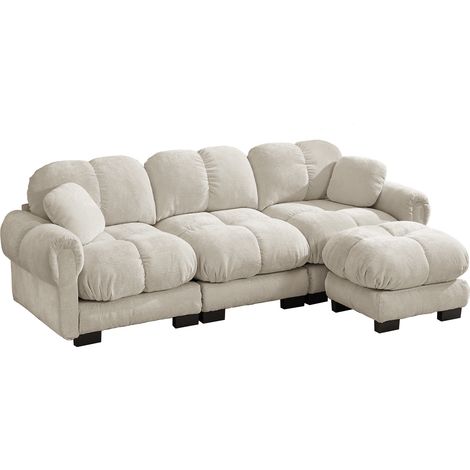 ELVMI Ecksofa 3-Sitzer mit Beweglichem Hocker und 2 Kleinen Kissen, Gesteppter Sitzfläche aus Chenille Hellkhaki (1/5)