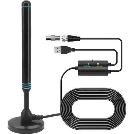 Antenne TV numérique, grande portée et réception à 360° DVBT2, antenne TV intérieure et extérieure avec amplificateur de signal et base de support magnétique, antenne TV portable compatible avec 4K (1/4)