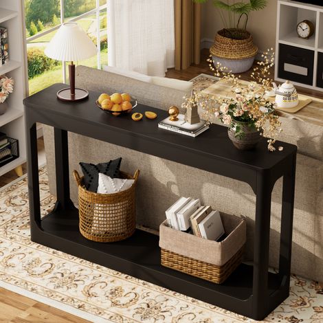 Console d'entrée 140 cm avec étagères ouvertes, rangement 2 niveaux, MDF noir pour salon et couloir (1/5)