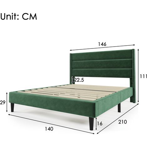 Lit 140x200 cm double rembourré avec sommier lattes et tête de lit, revêtement velours textile vert foncé, design moderne intemporel, lit pour adolescent. (1/4)