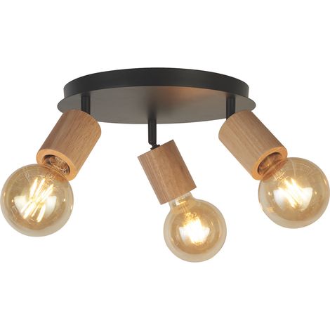 Plafoniera Industrial-Nordico Spinoso Acciaio Nero Legno Marrone 3 Luci E27 (1/5)