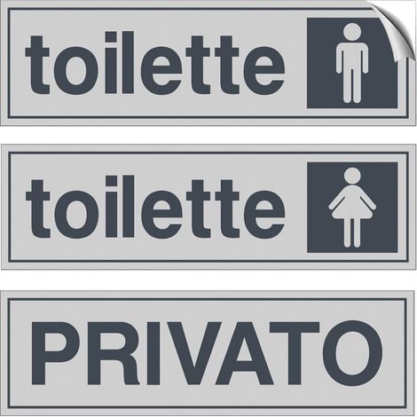 Set 3 Etichette adesive per toilette uomo, donna e privato - mis.16,5x5 cm in PVC, Cartelli Wc impermeabili e lavabili (1/4)