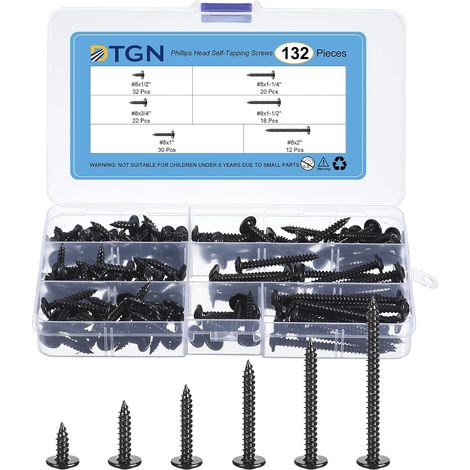 132Pcs 8 x 1/2 À 2" Kit De Vis Auto-Taraudeuses À Tête Phillips, Acier Au Carbone À Tête Plate Haute Résistance Vis Auto-Taraudeuses Rapides Pour Bois, Métal, Plastique, Noir (1/5)