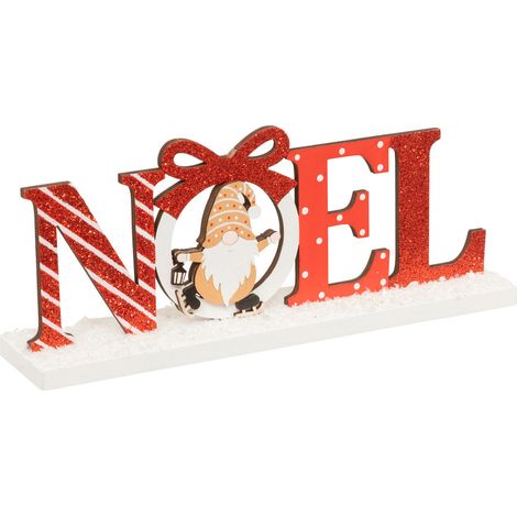 Mot Noël en Bois Rouge et Blanc enneigé avec déco Gnome L 24 cm - Feeric Christmas (1/2)