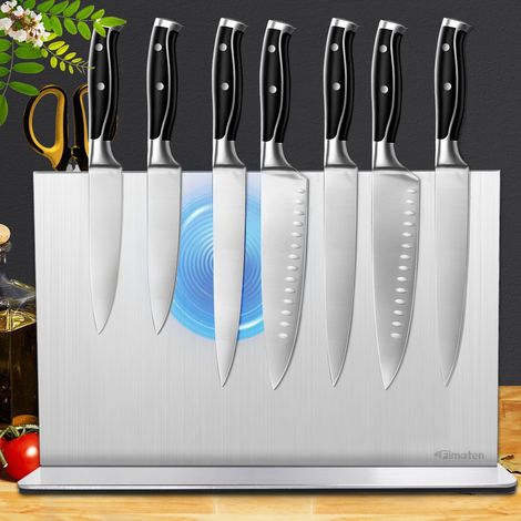Bloc à couteaux magnétique sans couteaux, puissant et double face, en acier inoxydable, pour couteaux et outils, porte-couteaux universel, pour cuisine et atelier, argenté, 40 cm (1/5)