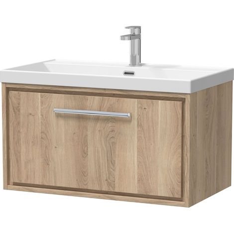 Longnor 1 Drawer Wall Hung Vanity Unit with 1 Tap Hole Thin Edge Basin, Light Oak, 800mm