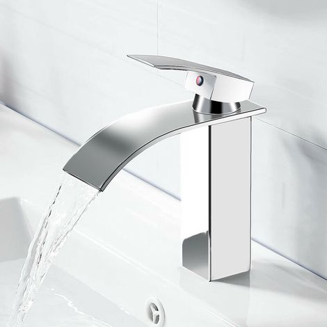 Mitigeur de lavabo--Robinet de Salle de Bain Robinet Cascade Mono-trou Mitigeur sur Lavabo Robinetterie Lave-mains avec Levier Unique -Argent (1/5)