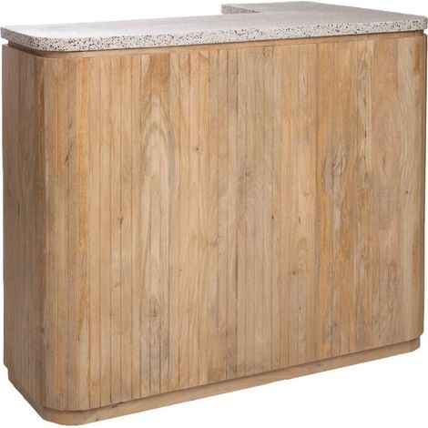 Made In Meubles – Meuble bar en angle bois de manguier et terrazzo – Dimensions 110x140x85.5cm – Rangement avec niches et tiroirs – Pour espaces modernes