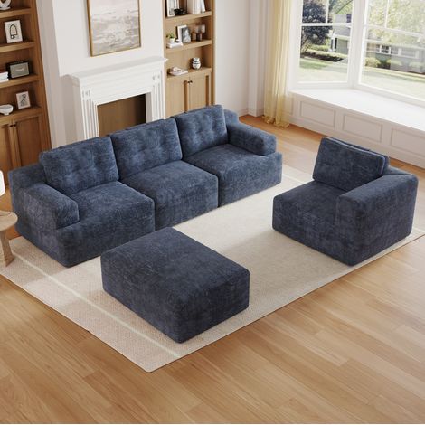 Sofá modular en U 252x180x82 cm azul de chenilla con reposacabezas y otomana (1/5)