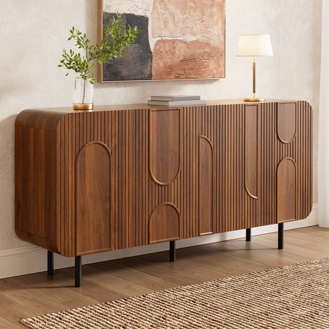 Buffet aspect noyer 160 cm – 4 portes, 8 compartiments, étagères réglables, coins arrondis, pieds métalliques, 160x40x79 cm (1/5)