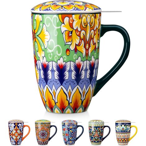 Tasse à Thé avec Infuseur et Couvercle - 540 ML - Tisanière en Porcelaine avec Filtre Amovible, Grand Mug pour Infusion de Thé, Café et Tisanes, Style Bohème Vert