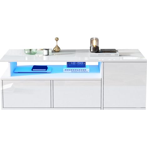 CHICFURN Mesa de centro LED 100x50x35 cm blanca, 2 cajones y almacenaje (1/5)