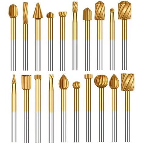 Juego de 20 limas rotativas de acero de alta velocidad con cabezal de pulido de 3 mm,grabado y perforación de madera,dorado (1/4)
