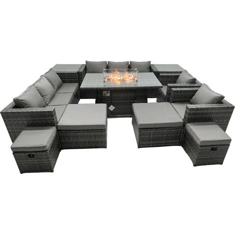 Fimous – Ensemble de meubles de jardin en rotin – 12 places – Table de foyer à gaz 140x80cm – 2 canapés 3 places – 2 tables d'appoint – 2 tabourets (1/5)