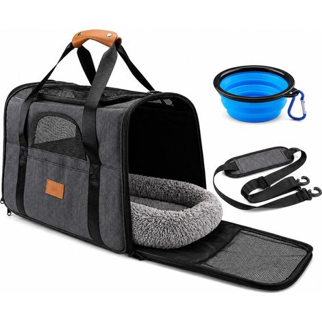 Sac de transport pour chat et chien - Pliable respirant - Avec matelas et bol - Max 7 kg - Homologué avion - Velunor (1/5)