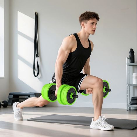 Mancuernas ajustables 4 en 1 20 kg, barra larga, kettlebell y asas de flexiones, verde DESVIAE (1/5)