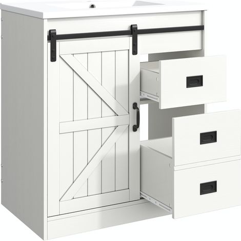 Meuble sous-lavabo blanc, design porte de grange, lavabo céramique, tiroirs et porte, mobilier moderne pour salle bain (1/5)