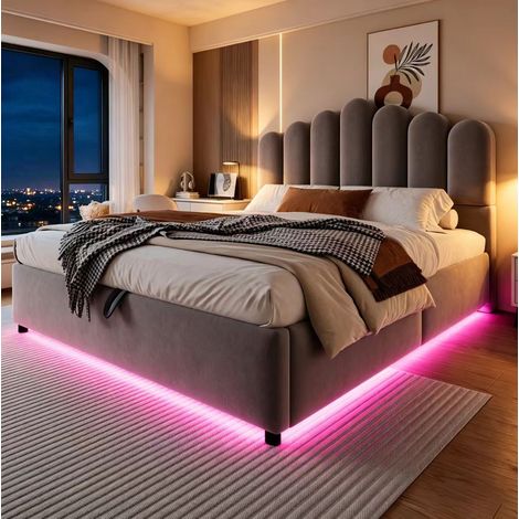 Polsterbett 140x200 cm aus grauem Samt mit LED und Stauraum, ohne Matratze – MEUBLIV (1/5)