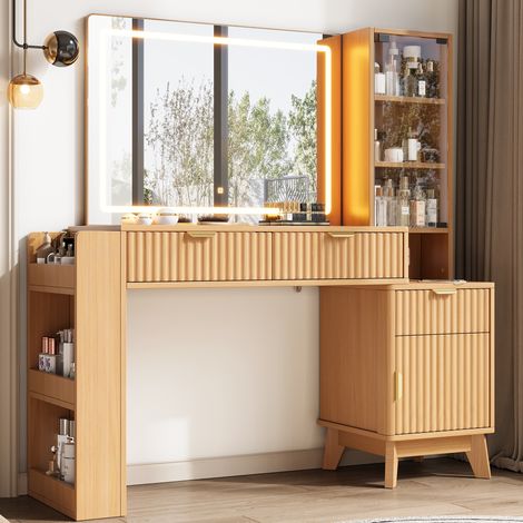 Toeletta con specchio a LED, porte USB e USB-C, 3 cassetti e vano portaoggetti, 133x40x136 cm, legno naturale (1/5)