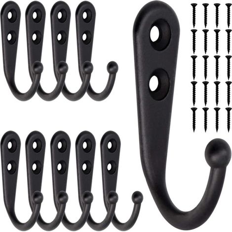 Juego de 10 ganchos de pared pequeños de color negro con 20 tornillos para colgar bolsos, albornoces, toallas y llaves. ¡Ahorro de espacio garantizado (1/5)
