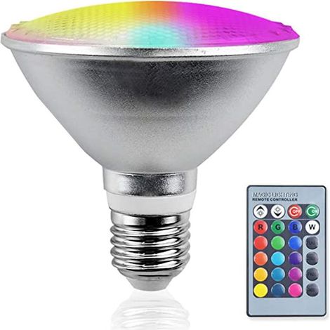 Ampoule LED E27, projecteur LED PAR38 RGBW, lampe d'extérieur à intensité variable IP65, 20 W, télécommande pour décoration de jardin de fête de Noël (20 W), ampoule LED E27 (1/4)
