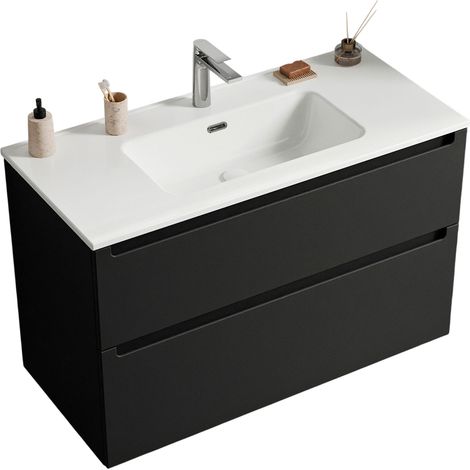 BERNSTEIN - Mobile lavabo sospeso MDF Nero opaco 100x46x62cm, lavelli bianchi + piletta pop-up e foro rubinetto - VIREO 100	Nero opaco