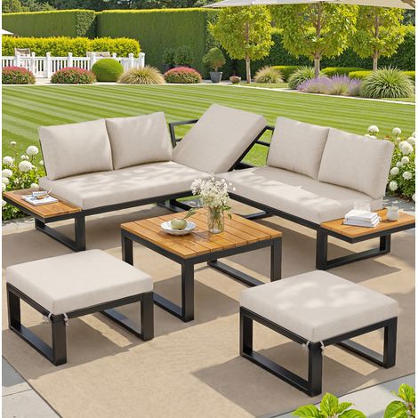 Salon de jardin 6 pièces, ensemble table et chaise de jardin modulable, dossier réglable, table basse et poufs, métal beige (1/5)