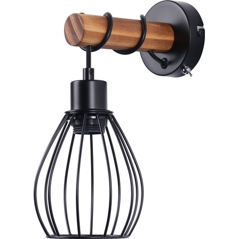 GBLY Wandleuchte mit Schalter Wandlampe Vintage: Holz Wandbeleuchtung Schwarz E27 industrial Wandstrahler aus Metall Retro Bettlampe für Wohnzimmer Schlafzimmer Flur Restaurant - Ohne Leuchtmittel