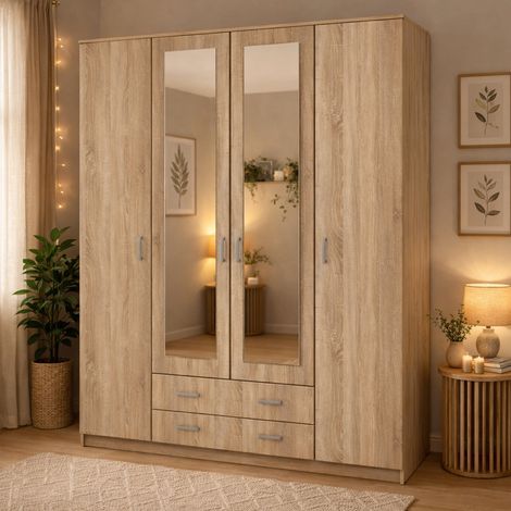 Großer Kleiderschrank Miazzina: Schlafzimmer, 9 Regale, Kleiderstange, 4 Türen, 160x205h cm, Walnussbraun (1/5)