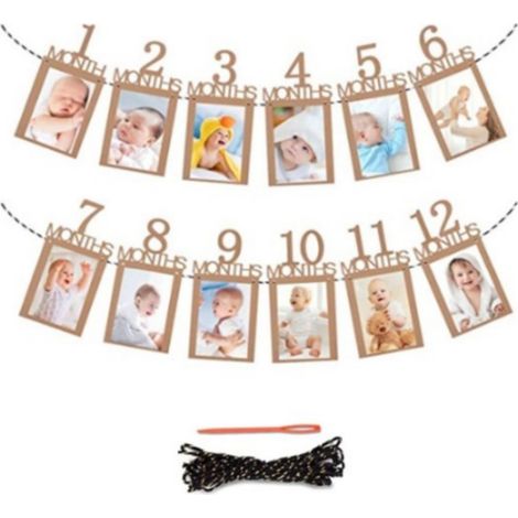 Photo Garland - 12-Month Baby Milestone Banner - Kraft Paper Photo Display for First Birthday Decor - 1 to 12 Months - Set of 12 Cards (1/5)