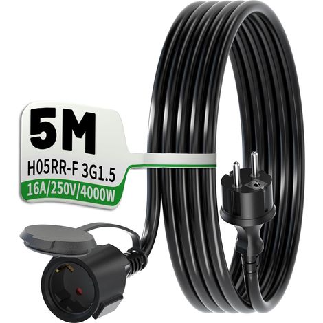 Rallonge d'extérieur - 5 m - Noir - H05RR-F 3G1,5 - En caoutchouc - 16 A/250 V - Câble d'alimentation flexible avec bande de rangement - Convient pour l'extérieur (1/5)