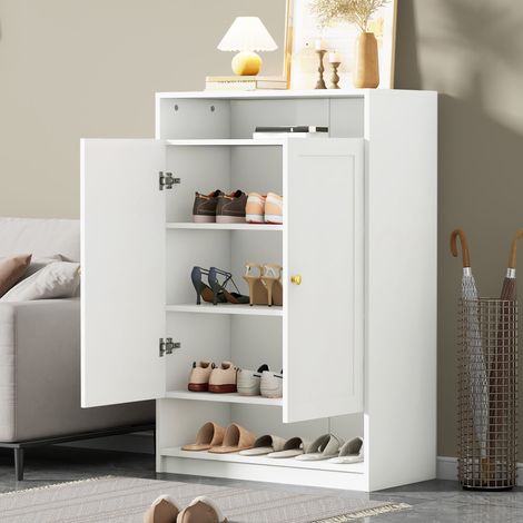 Meuble à chaussures moderne avec étagères réglables, poignées dorées, coffre à chaussures à 2 portes, blanc, L 73/P 34/H 109