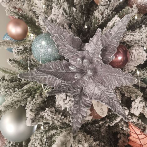 50cm Silver Velvet Poinsettia Stem with Glitter Christmas Decoration (1/5)