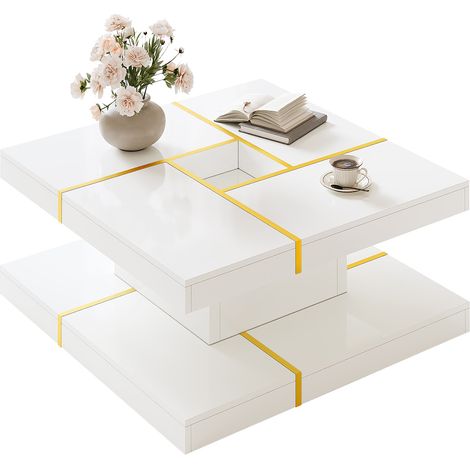 Mesa de centro cuadrada de dos niveles, fabricada en aglomerado, con detalles metálicos dorados, un hueco central y diseño escalonado, ideal para el salón. (1/5)