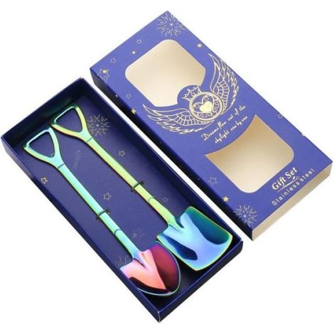 Couverts,2 pièces-ensemble créatif multicolore en acier inoxydable cuillère à café pelle forme cuillères à thé - Type 3-Gold Color (1/4)