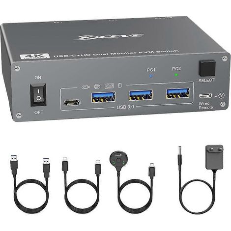 Commutateur KVM USB-C Kceve 4K pour 2 écrans et 2 ordinateurs, 4K à 60 Hz, double écran, USB 3.0, prise européenne. (1/5)