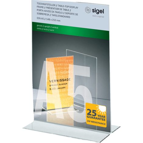 SIGEL TA222 Porta-avvisi da tavolo / Porta-brochure da banco, con base a T, acrilico, per A5 (1/4)