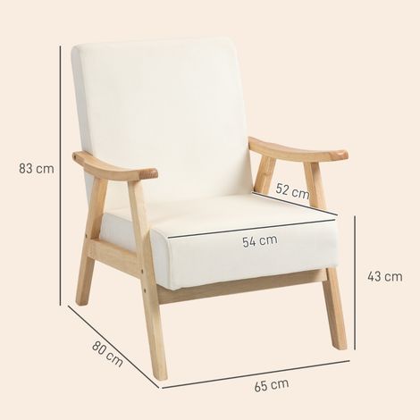 Fauteuil scandinave salon, relax avec accoudoirs et coussin, rembourré lounge sur cadre bois, velours aspect, fauteuil capitonné chambre blanc crème (1/5)