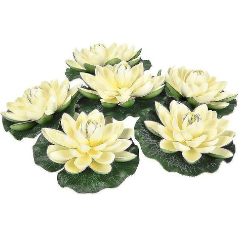 Six fleurs de lotus artificielles flottantes en mousse, ornées de feuilles de nénuphar, parfaites pour les carpes koï sur la terrasse. (1/5)