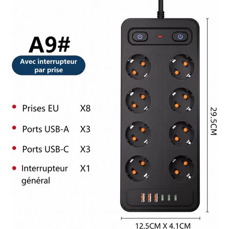 Multiprise standard européen 8 prises noire avec 3 USB et 3 Type-C, câble 2 m noir 27,5 × 12,5 × 4,5 cm 650 g – Livraison gratuite