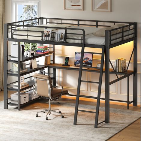 Cama alta 204x145x180 cm con escritorio integrado, estantería de 4 niveles, metal y MDF, negro (1/5)